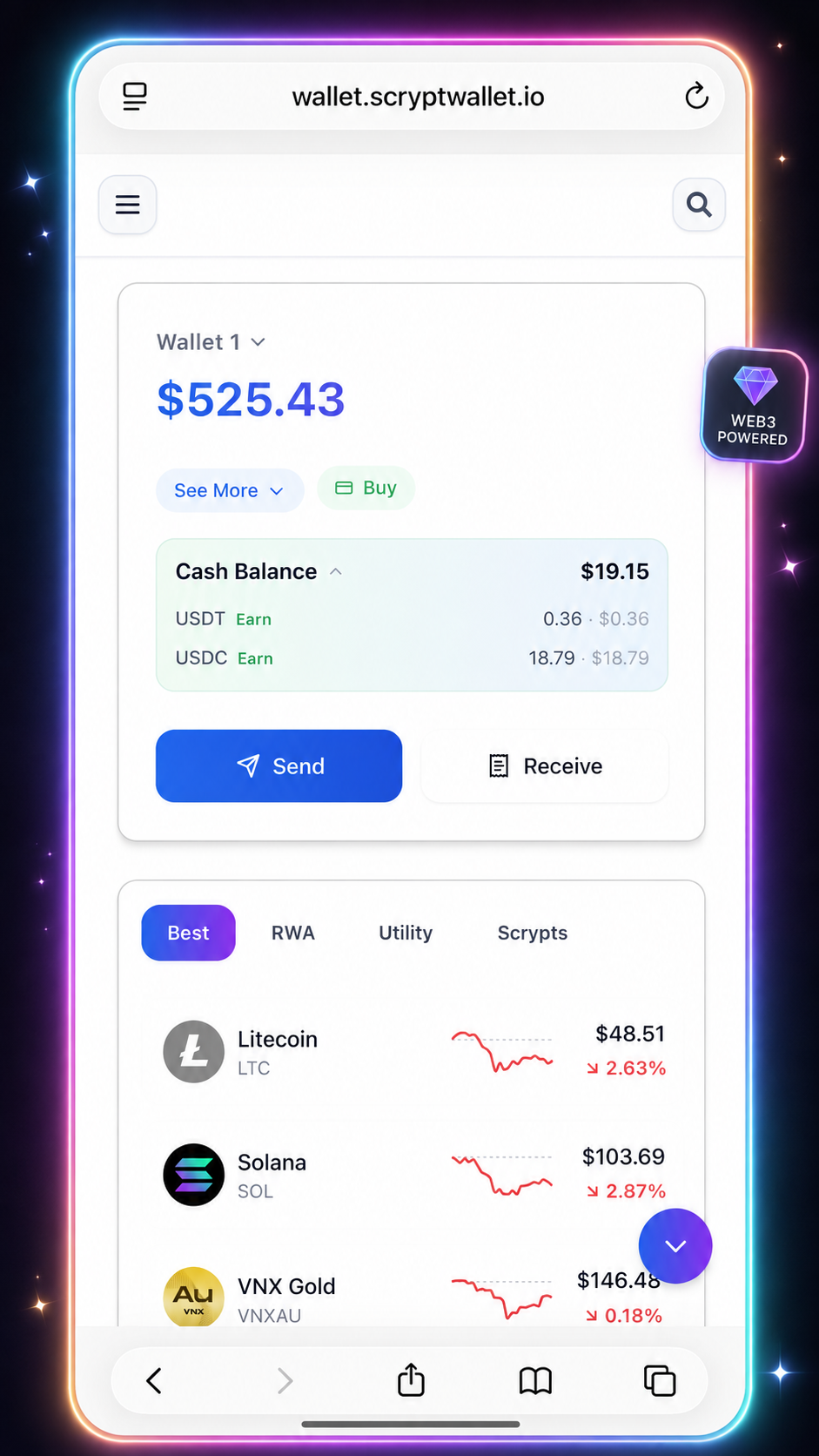 Scrypt Wallet dashboard with expanded cash balance
