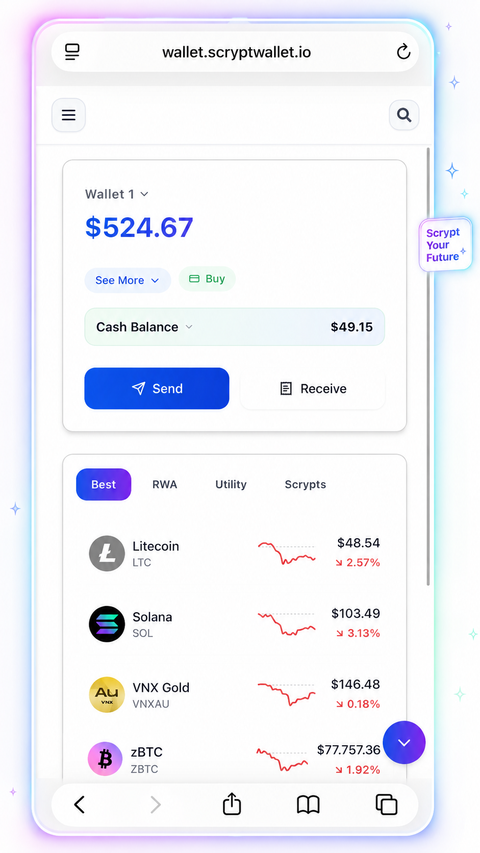 Scrypt Wallet dashboard with wallet balance and featured assets